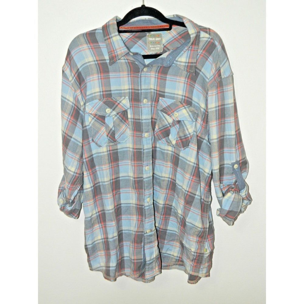 True Grit Shirt Mens Size XX-Large Blue Stripe Cotton Button Down Plaid‎